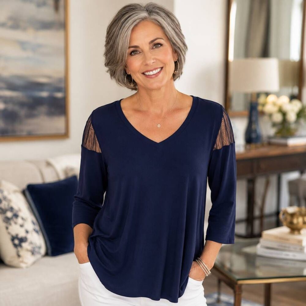 By JJ Womens Sheer Mesh Cutout Shoulders Quarter Sleeve Tunic Top Navy Small